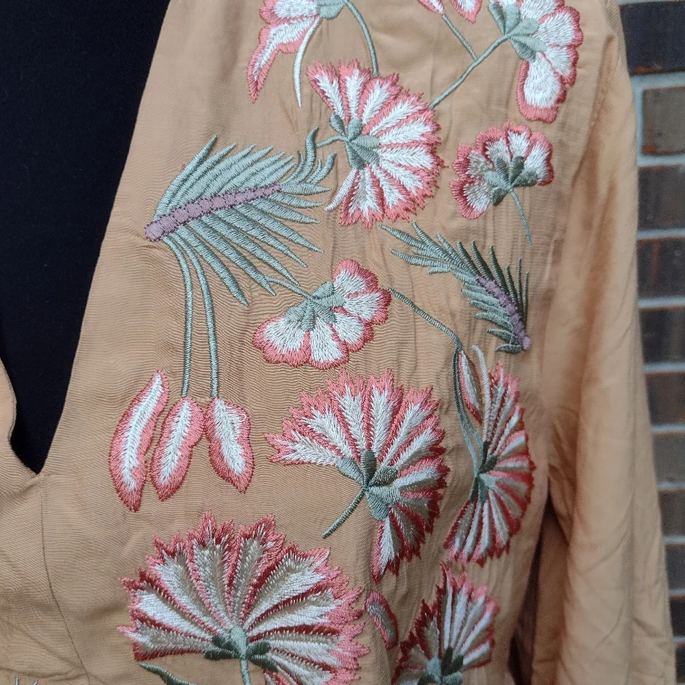 Entro Brown Embroidered Tiered Mini Dress Boho 3/4 Sleeve - Picture 7 of 9